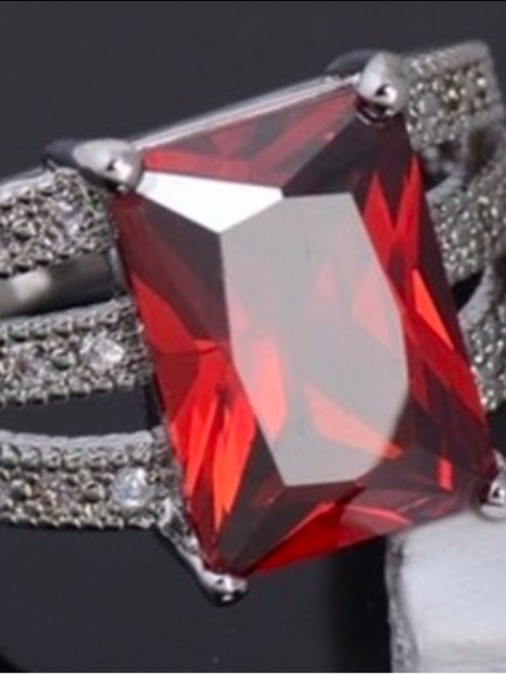 SALE! 🎉 NWT Sterling Silver Red Emerald-Cut Cocktail Ring with Pavé Band